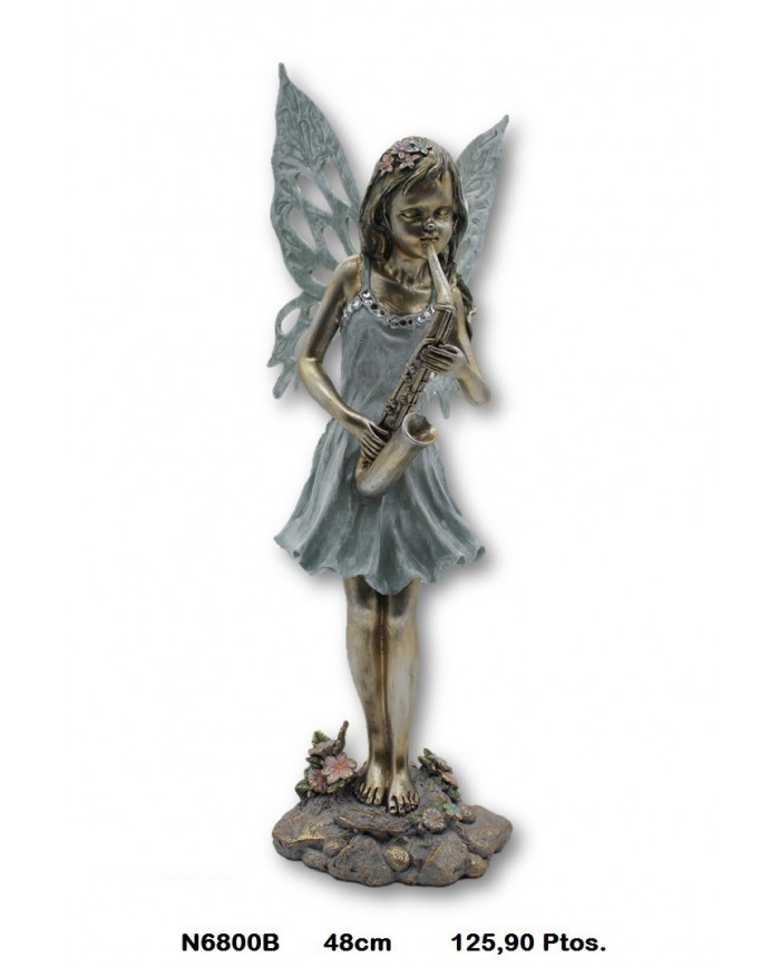 Figura decorativa niña alas mariposa con saxofón